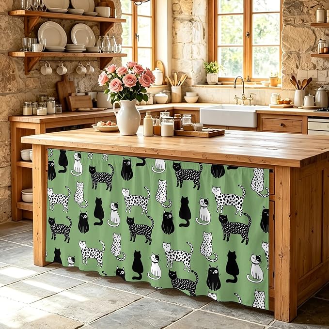 Cat Animal Cabinet Curtain 32"Wx55"L,Dustproof Pantry Door Curtain with Self Adhesive Tape,Sage Green Earthy Tone Vintage Pet Modern Tall Storage Cover Privacy Drape for Bathroom Kitchen Laundry Room