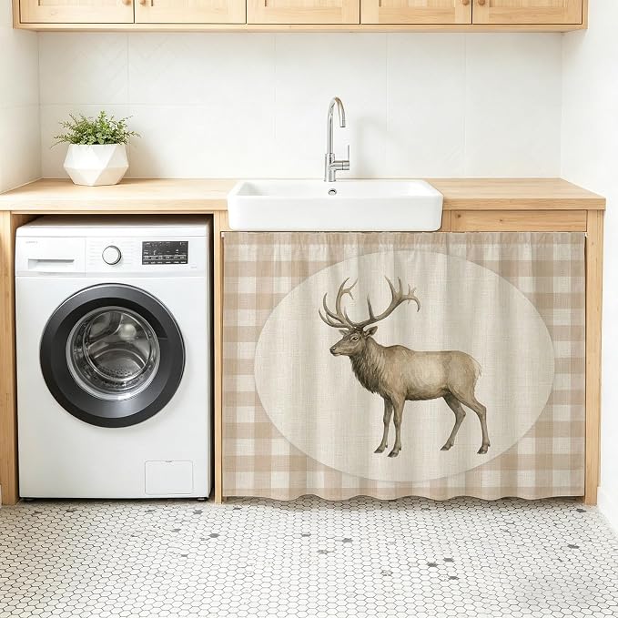 Majestic Buck Oven Skirt Curtain for Kitchen Decor 28"x35", Vintage Natural Buck Rustic Linen Plaid Self Adhesive Stove Curtains Skirt Cabinet Curtains for Bathroom Laundry Room