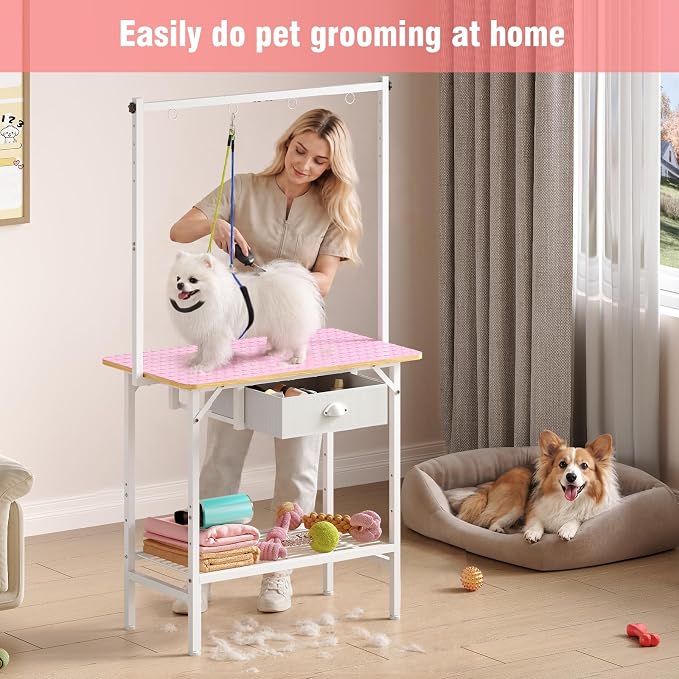 32-Inch Adjustable Dog Grooming Table with Drawer & Mesh Tray, Pet Grooming Table with Non-Slip Removable Washable Mat & EVA Protective Lanyard, Professional Grooming Table for Small Dog at Home（Pink