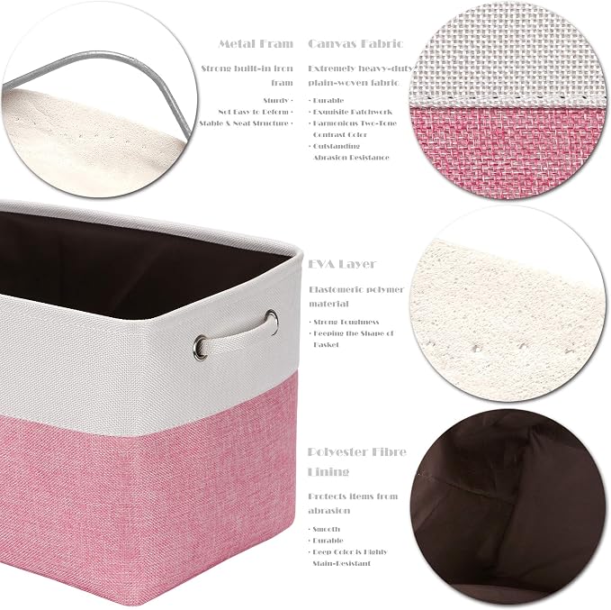 Sea Team Large Rectangle Canvas Open-Top Storage Baskets, 3-Pack | Collapsible Fabric Storage Bins with Handles, Closet Shelf Organizers, 15 x 10 x 10 Inches, Pink & White