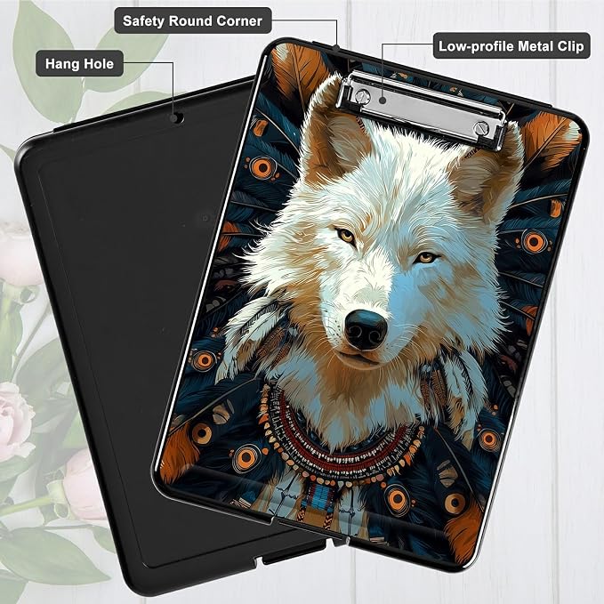 Heavy Duty Storage Clipboard, Slim Nursing Clipboard with Internal Pen Case, Portable File Organizer Case for A4 Letter Size Paper Office Medical Professionals, Feathers White Wolf