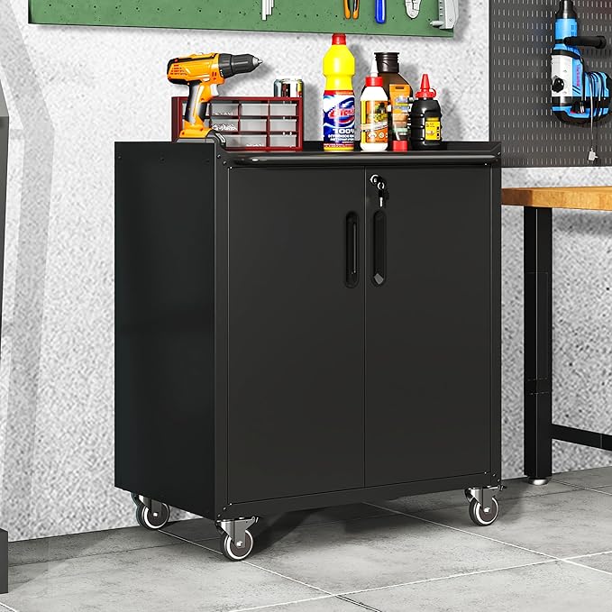 Garage Cabinets,Metal Garage Storage Cabinet with Wheels,Black Lockable Rolling Tool Cabinet with Drawer and Adjustable Shelves,Heavy Duty Tool Chest for Home Office Utility Room
