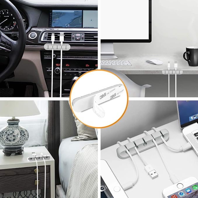 Desk Accessories for Charging Organizer - 5 Packs Grey Computer Desk Accessories and Adhesive Cord Organizer for Cable Holder Cleans Up Messy Wires at Home, Car and Office (7-5-3-1-1 Slots) | Silicone cable management clips self adhesive for nightstand...