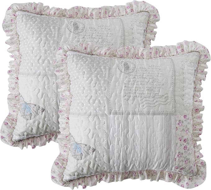 Brilliant Sunshine Grey Cupid & Pink Roses Ruffle Pillowshams Set, 18"x18" | Patchwork Design with Ruffles, Quilted Pillow Covers, Washable Throw Cushion Cases for Couchs and Beds, Pack of 2
