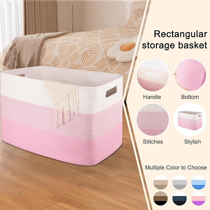 OIAHOMY 108L Extra Large Blanket Basket Dog Toy Basket Pink&White | Rectangle Woven Baskets for Storage Cotton Rope Basket For Living Room Toy Storage Blanket Storage Laundry Basket
