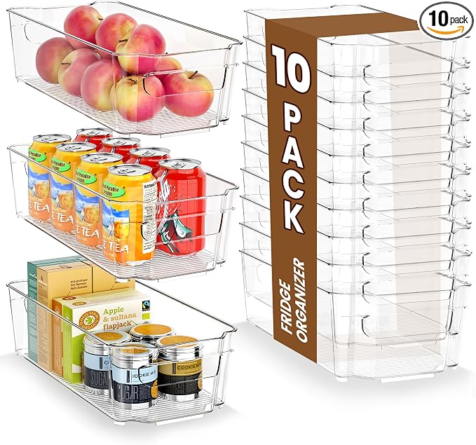 incostar Clear Fridge Organizer, Refrigerator Organizer Bins with Handle, Freezer, Kitchen Cabinet, Pantry Organization, BPA Free Fridge Organizers (12.4 inch 10 Pack)