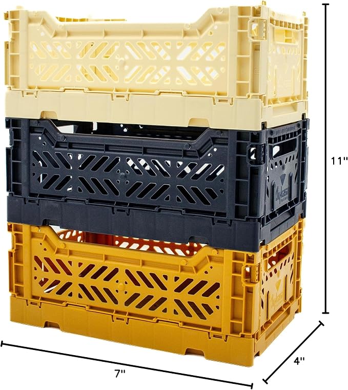 Collapsible Storage Box, Foldable Crate Organizer Bin with Handle, Stackable Crates for Home Organization (Cream-Navy-Mustard, 4L -3-Pack)