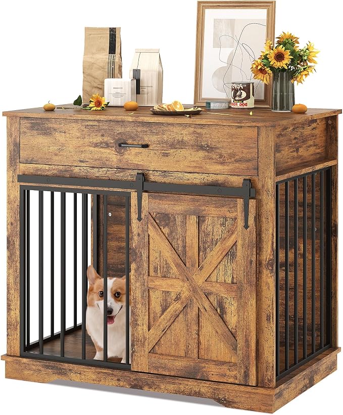 GarveeHome Dog Crate Furniture, 37.8" Large Dog Kennel Indoor, Wooden Kennel Table with Sliding Barn Door and Storage Drawer, Indoor Dog House for Large/Medium/Small Dogs (Brown)