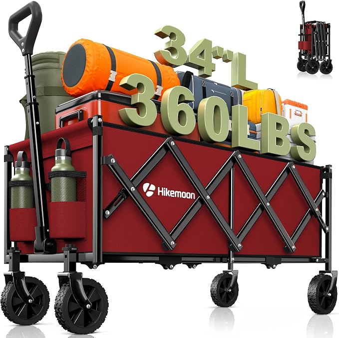34'' Extra Long Folding Portable Wagon Cart, 120L 360LBS Red | Wagons Carts Foldable, Heavy Duty, Collapsible Compact Storage, Utility for Shopping/Grocery/Garden/Camping/Sports