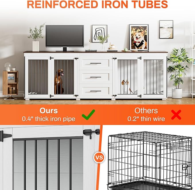 Rophefx 94.5" Dog Crate Furniture for 2 Dogs, Wooden Kennel TV Stand, White | Indoor double dog house with 3 storage drawers, 4 feeding bowls, lockable doors, and a wide top for large and medium dogs