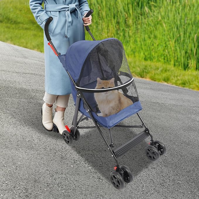 Pet Stroller for Small Medium Dogs Up to 22lbs, 4 Wheels Folding Pet Carriage Cart for Dogs Cats, Portable Cat Puppy Jogging Stroller with Rear Pocket and Cup Holder (Blue)