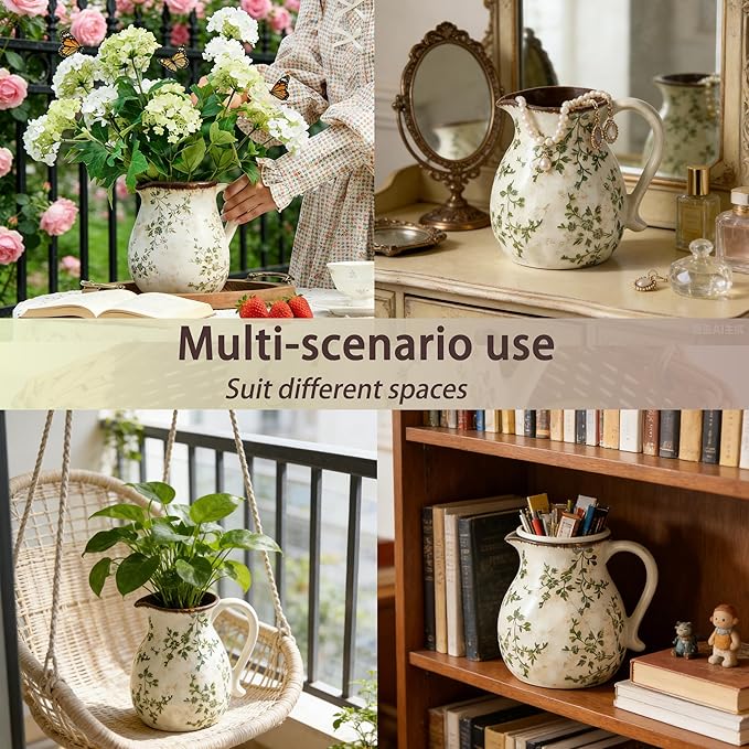 Rustic Ceramic Utensil Holder, 6.1"Farmhouse Cooking Utensil Holder | Utensil Organizer Crock with Handle for Kitchen Counter, Vintage Countertop Home Decor, Flower Pot, Spoon Tool Tray