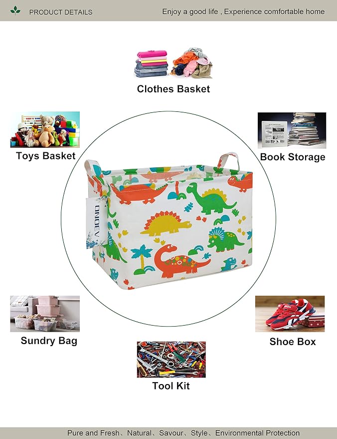 Rectangular Dinosaur Laundry Storage Bin for Adults and Kids | Damp resistant canvas fabric, sturdy stitched carry handles, foldable design organizes closet and playroom daily supplies