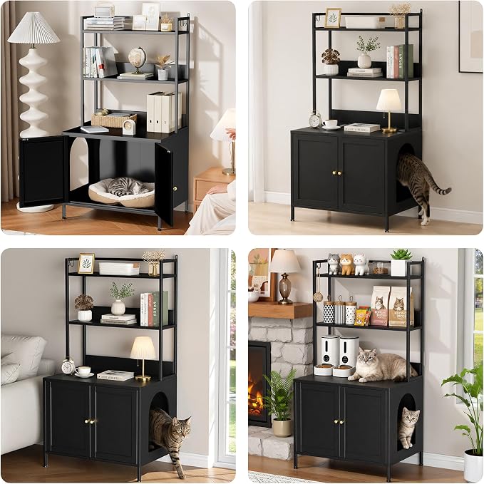 Cat Litter Box Enclosure with Shelves, Large Metal Pet House Washroom Dog Proof Furniture, Hidden Little Box Cabinet, Living Room Side End Table, Indoor Cat House, Assembly Required