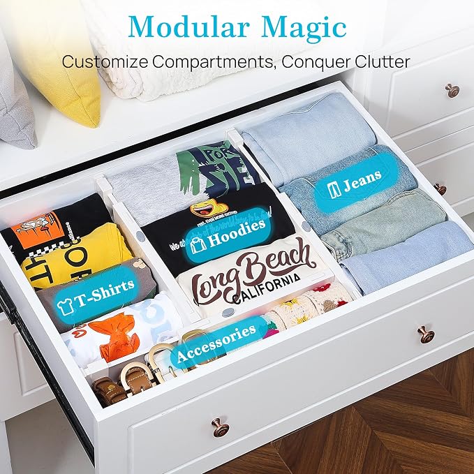 Vtopmart 4" High Drawer Dividers for Clothes, 11.3"-17" Expandable, 12 Pack | Adjustable Drawer Organizer, Dresser Clothes Separator, Baby Clothing Storage, Kitchen & Office Organization, Space Saving
