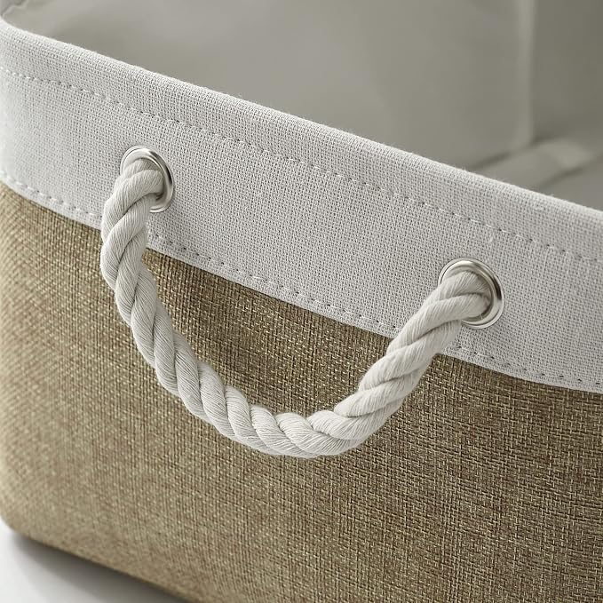 Storage Basket for Organizing - 16x12x8 inch Large 3 Pack Collapsible Storage Bin for Shelves with Handles, Fabric Storage Cubes for Organizer Cloth Gift Toy Closet (Whiet & Khaki)