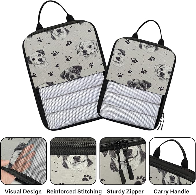 Cute Puppy Dogs 6 Set Compression Packing Cubes | Paw Print Travel Accessories Expandable Packing Organizers Space Saver Bags for Organizing Clothes