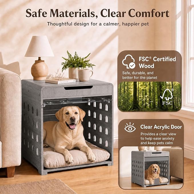 Modern Dog Crate Furniture Wooden Kennel Charging Station End Table Grey | Nightstand, Dog Cage Indoor, up to 110 lb, Flip-Up Acrylic Door, Storage Drawer, for Large Medium Dogs, Living Room Bedroom
