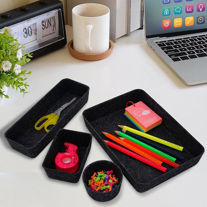 Welaxy office desk drawer organizer tray Storage Bin 8pc Sleek Carbon Box