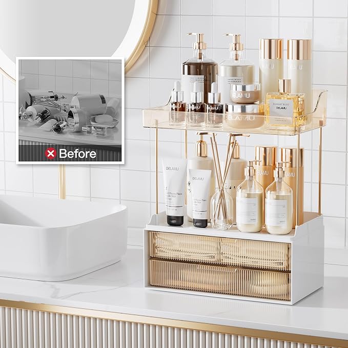 Delamu 4-Tier Makeup Organizer, Bathroom Counter Storage, 2 Drawers, Amber | Elegant Vanity Organizer Gift for Women, Holds Perfume, Skincare, Nail Polish & Hair Accessories for Bathroom Countertop