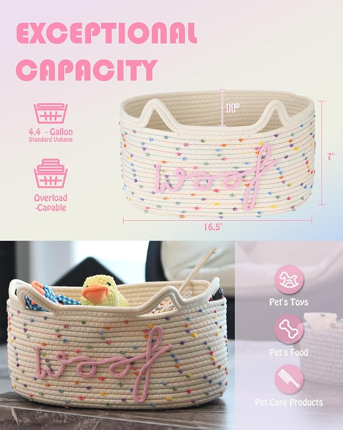 Sea Team Dog Toy Storage Basket with Handles and Ears, Rainbow Woof | Large Cotton Rope Storage Bin, Shelf Basket, Organizer for Pet Chew Toys, Foods, 16.5 x 11 x 7 Inches, 4.4 Gallons