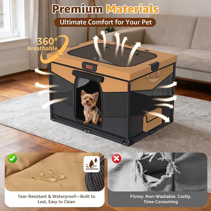 LOOBANI Dog Playpen for Small Dogs, 32"x24"x22", Foldable & Portable, Brown | Pet Playpen, with Removable Washable 690D Fabric Cover, Sturdy Frame Cat Playpen for Indoor, Dog Crate for Small Animals