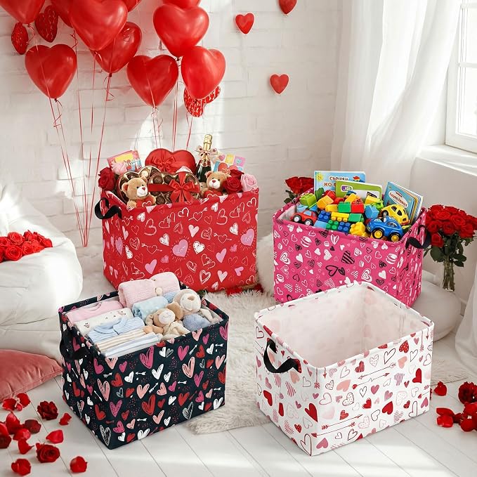 FoldTier 4 Pcs Valentine's Day Storage Baskets Empty Collapsible Valentines Basket with Handles Red Pink Black Heart Storage Boxes for Gifts Home Room Nursery Books Cloth Holiday Containers (Heart)