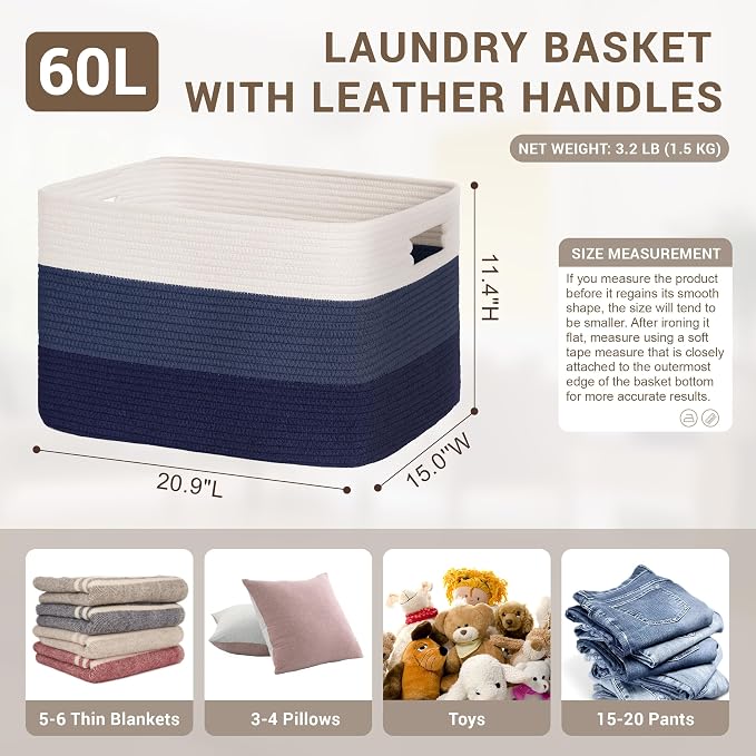 60L Woven Laundry Basket Hamper with Handles, Gradient Blue | collapsible wicker hamper, storage for dirty clothes, toys, blankets, gifts, living room, bedroom, bathroom, 21"x15"x11"