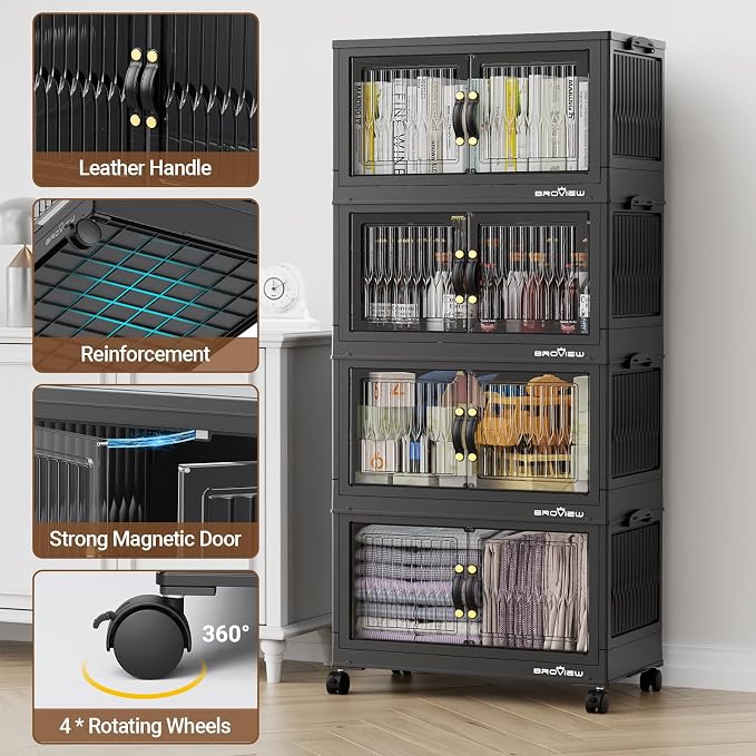 BROVIEW 300Qt Stackable Storage Bins with Lid for Home Dorm, 5Pack Black | Closet Organizers, Foldable & Collapsible Cabinets, Large Containers, Wheels & Magnetic Doors, Plastic Drawers for School
