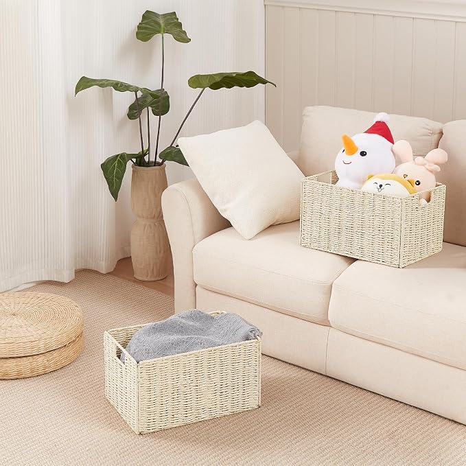 Vagusicc Wicker Storage Basket, Set of 2 Hand-Woven Paper Rope Wicker Basket, Small Storage Baskets for Organizing Toilet Paper Baskets, Foldable Large Cube Storage Organizer Bin for Shelves (Beige)