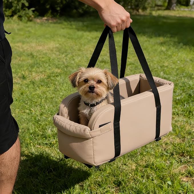 Center Console Dog Car Seat for Pets Up to 9 lb, Grey | Water-resistant faux leather; 16.41 x 7.87 x 8.66 in; pets up to 11 in long. Measure your console before purchase.