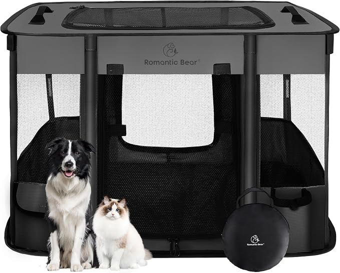 ROMANTIC BEAR Dog Playpen,Foldable Pet Puppy Cat Playpen,L(40"x32"x24") | Dog Crate with Upgrade Breathable Mesh and Durable 600D Oxford Cloth,Sturdy Dog Cage Indoor & Outdoor for Small Animals,Grey