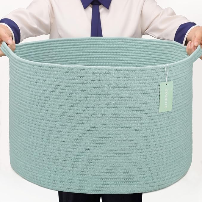 Large Cotton Rope Blanket Basket, 87L Laundry Hamper, Light Green