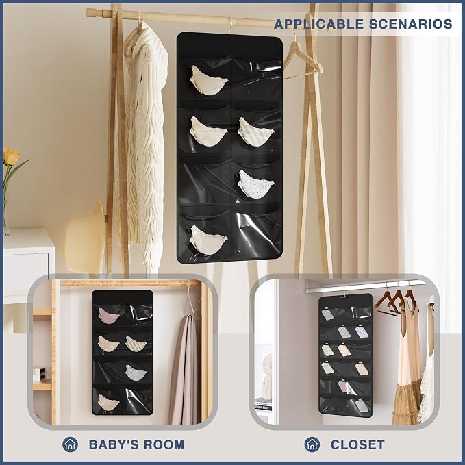26-Pocket Hanging Closet Organizer for Socks and Underwear, Black | Non-woven clear compartments keep bras & leggings visible; swivel hook fits wardrobe, closet rod, wall, door or shelves.