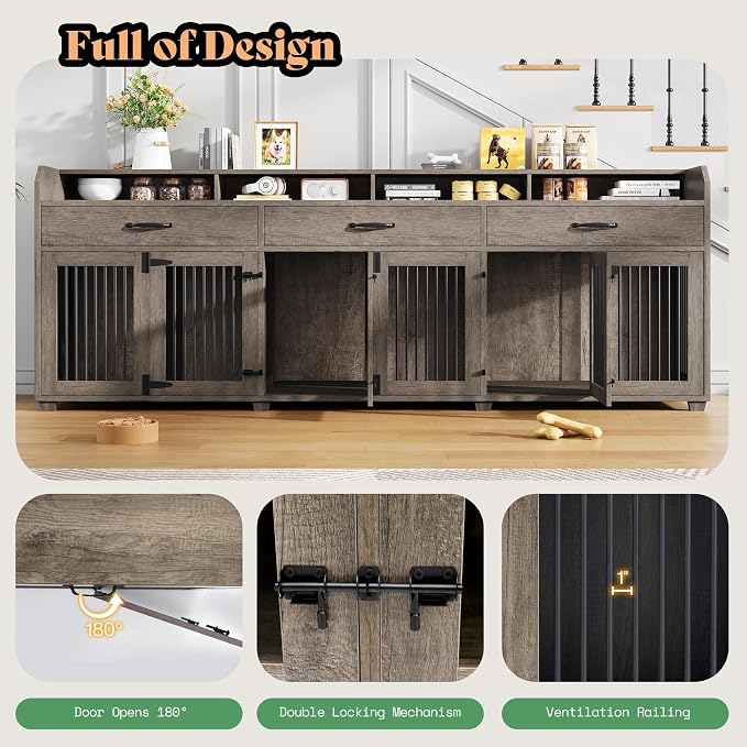 LUXOAK 95" Large Dog Crate Furniture with Storage 3-Room Indoor Dog Kennel | Dog Cage for Large/Medium Dogs, TV Stand & Sideboard with Drawers & Removable Divider, Grey