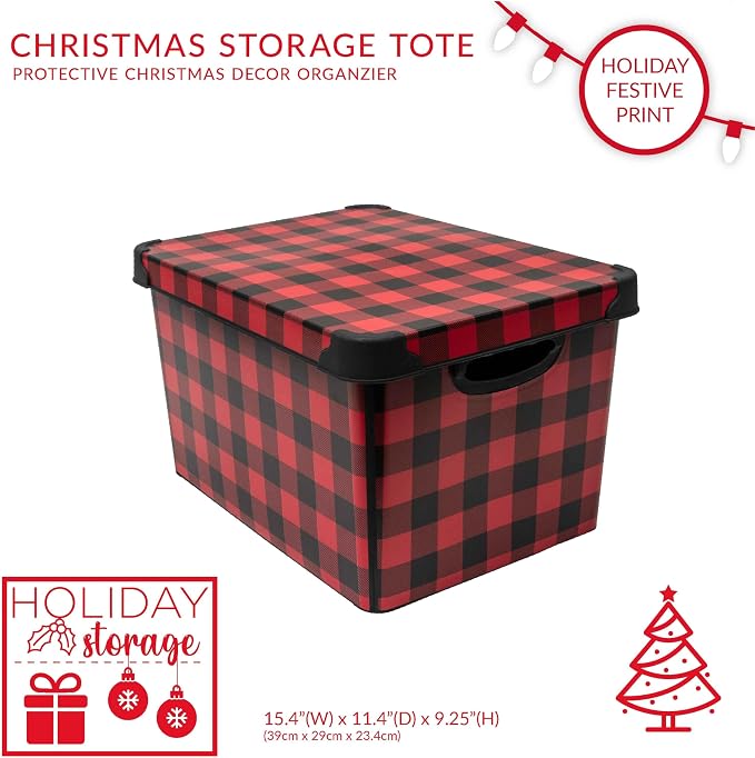 Simplify Checkered Design Storage Bin | Christmas Tote | Holiday Décor Decorations Organizer | Buffalo Plaid Design | Lidded | Stackable | Black and Red