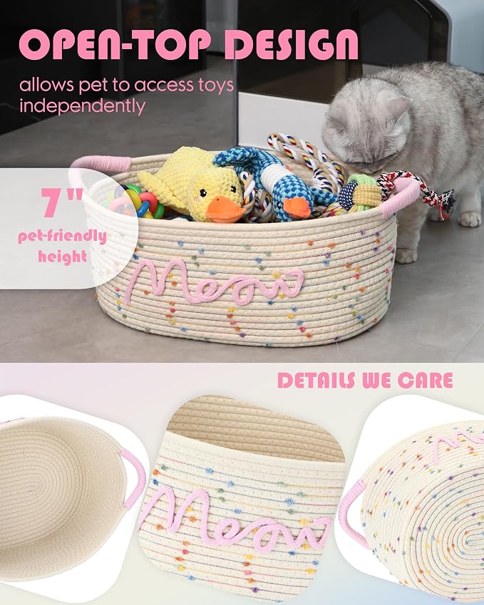 Sea Team Cat Toy Storage Basket with Handles, Rainbow Meow | Large Cotton Rope Storage Bin, Shelf Basket, Organizer for Pet Chew Toys, Foods, 16.5 x 11 x 7 Inches, 4.4 Gallons