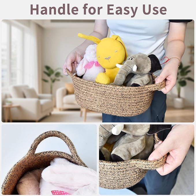 ABenkle Small Basket with Handles, Boho Decorative Rope Woven Dog Cat Toy Storage Bin Shelf Storage Organizer, Easter Christmas Gift Basket, 12"x8"x5"