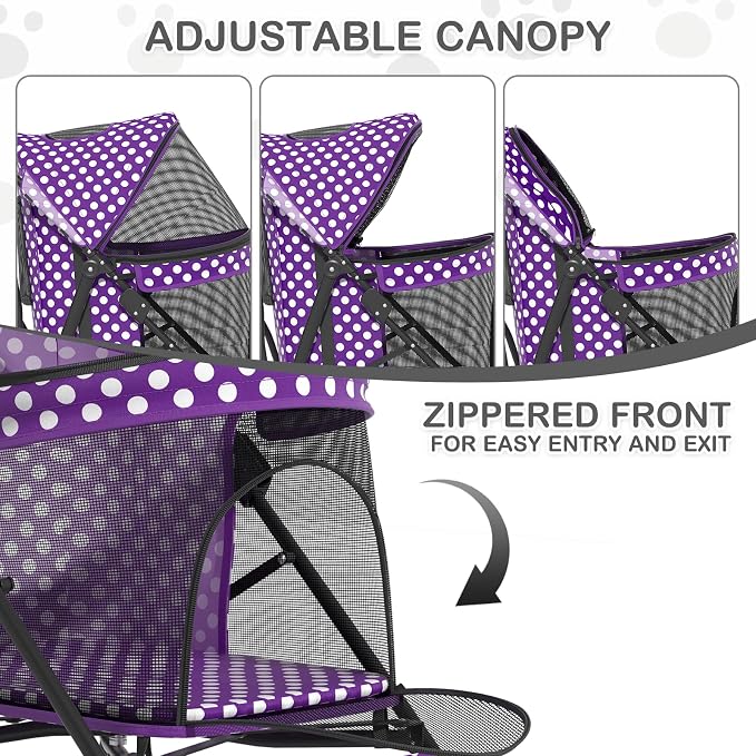 MoNiBloom Pet Stroller for Small/Medium Dogs and Cats, Purple Polka Dots | Foladble 4 Wheels Easy-Fold Puppy Cage Jogger Stroller with Sun Cover, Pad and Rear Storage Bag, Breathable and Visible Mesh