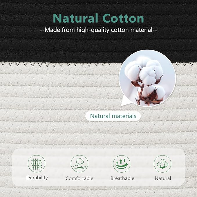 ECDYQXVU Cotton Rope Storage Basket, 15x10x9 Inches, Woven Basket for Shelves, Clothes, Towels, Books, and Laundry, Black/ White (1 Pack)