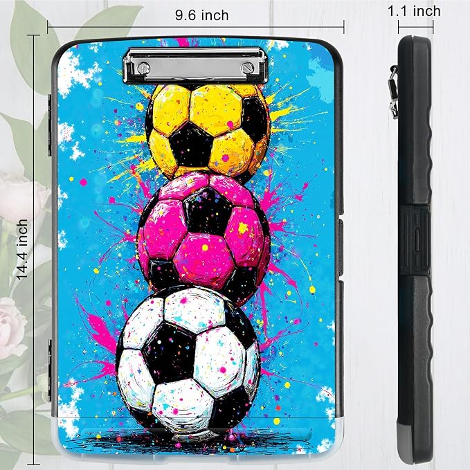 A4 Clipboard with Storage Pen Holder, Clipboards Organizer Nursing Clipboard Foldable File Folder Plastic Clipboard Folio Clip Board for Office Work Classroom Doctor, Soccer Painting