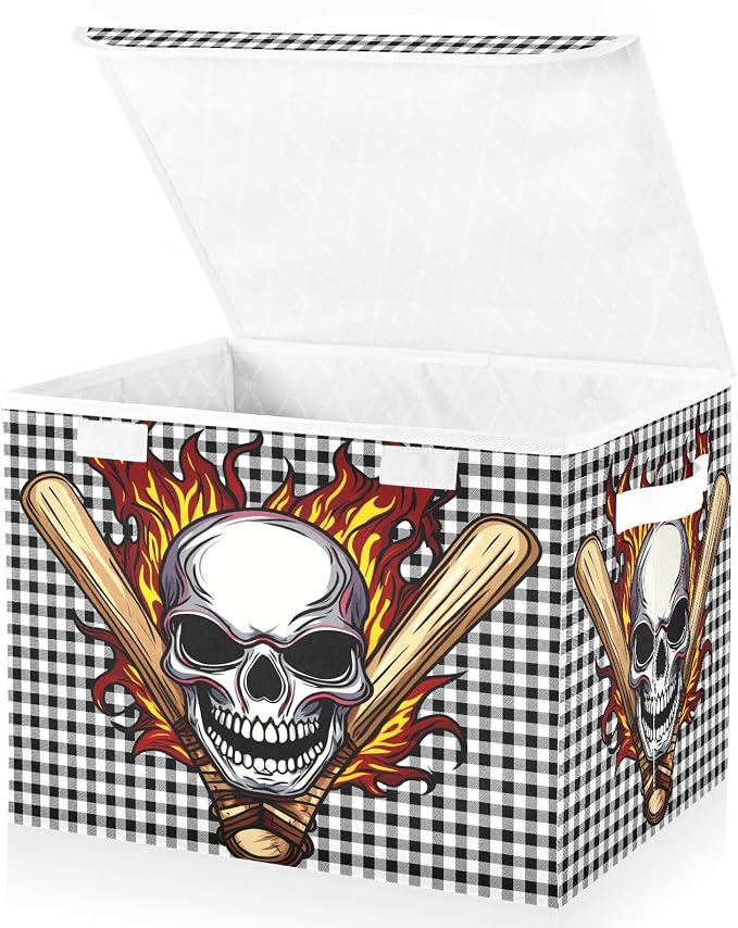 Fabric Storage Bins with Lid Fire Skull Foldable Storage Boxes 40L Baskets | Decorative Storage Boxes, Dust-Proof Flip Top, Reinforced Handles, For Home & Bedroom, Clothes & Toy Box, Skull Fabric Print