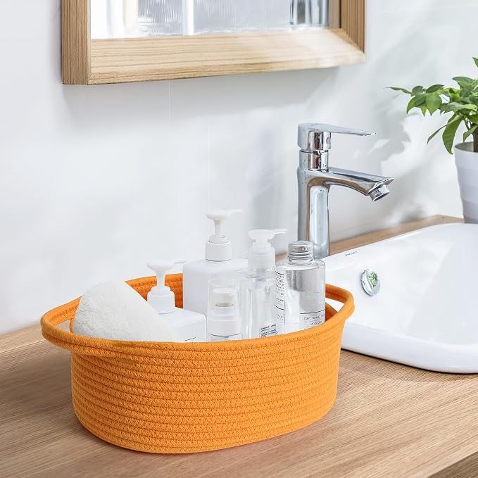 Orange Woven Basket, 13" x 9" x 5" Baskets for Gifts Empty, Cute Cotton Rope Cat Dog Toy Bin Box, Small Woven Bin for Shelves, Orange Room Decor, Nursery Baby Cloth Diaper Storage Organizer