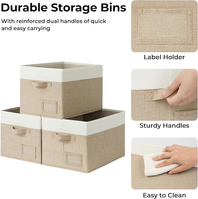 GRANNY SAYS Closet Storage Bins with Label, Khaki&Ivory, Large, 3-Pack | Closet Storage Bins, Large Fabric Storage Bins, Collapsible Clothing Storage and Organization, Decorative Storage Bins
