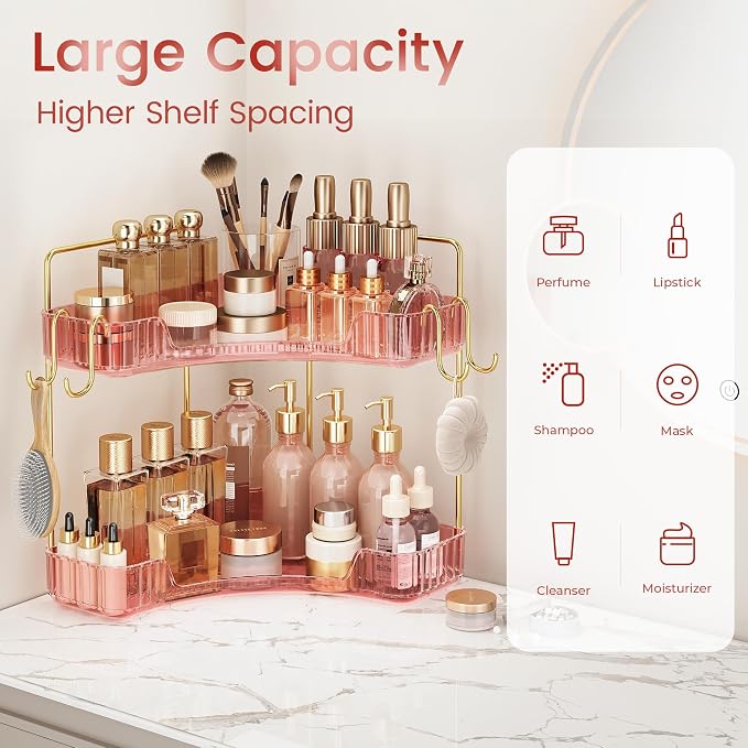 Delicate Pink 2-Tier Corner Counter Organizer Bathroom Organizers | Kitchen & Vanity Storage for PET Makeup Storage Countertop with Hooks, Skincare & Jewelry