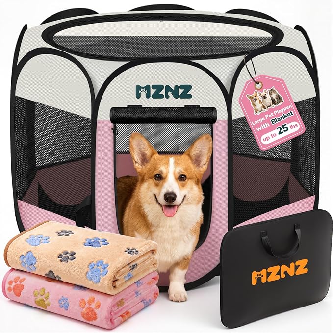 Dog Cat Small Animal Puppy Playpen Crate with 2 Blankets, Medium, Pink | Portable Pet Pigs Bunny Cage Enclosure, Pop Up Dogs Cats Tent Kennel with Carrying Case, No Assembly, Camping Use