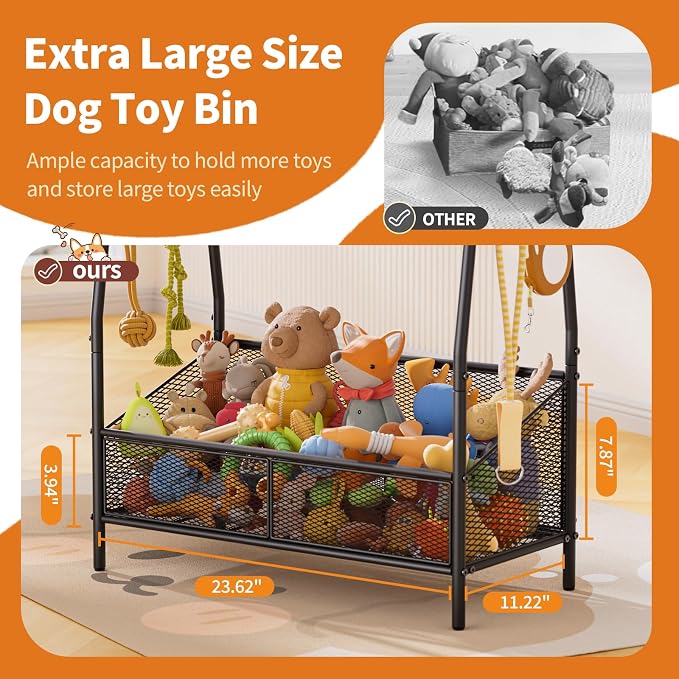 Lomivra Full Metal Dog Toy Basket, 23.6"x11.2"x7.9" Large Dogs Toy Bin with Storage Organizer, Chew-Resistant Toy Box for Dog Stuff Accessories, Pet Toy Storage Holder for Cat Dogs Essential Supplies