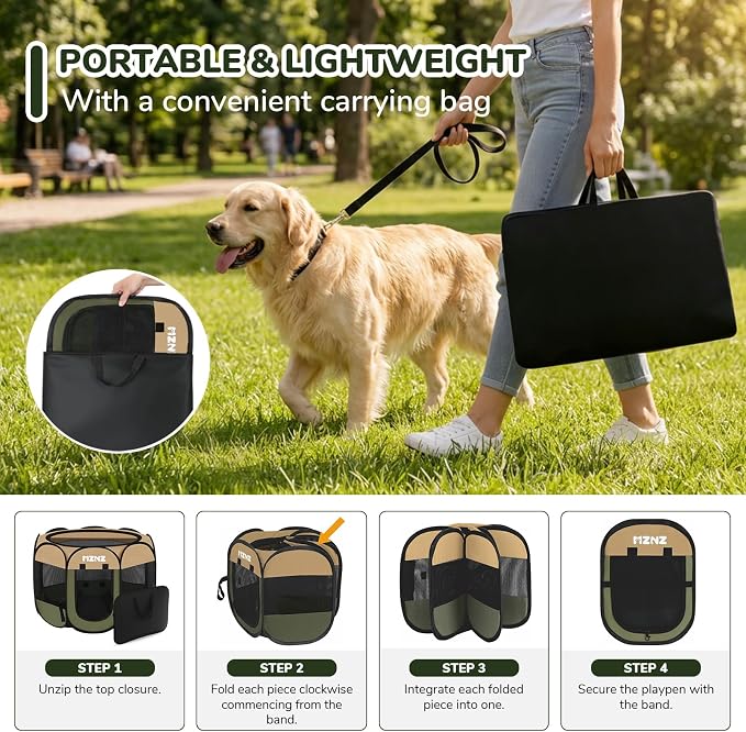 Dog Cat Small Animal Puppy Playpen Crate, Large, Olive Green | Portable Pop Up Pet Cage Enclosure Tent Kennel Indoor Outdoor with Carrying Case, No Assembly, Camping Use