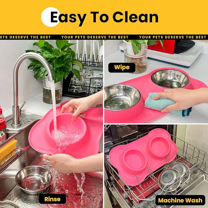 Conlun Medium Pet Feeding Station, 29oz Stainless Steel Dog Bowls Set, No Spill Food & Water Dishes with Non Slip Silicone Mat for Breeds Up to 55 Lbs, Pink