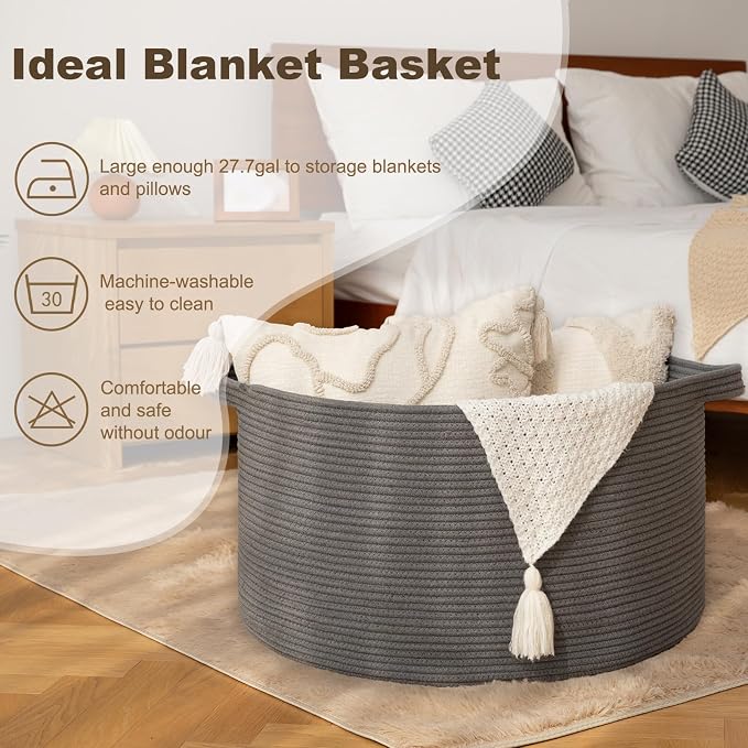 OIAHOMY 105L Extra Large Blanket Basket - Decorative Cotton Rope Storage Basket for Bedroom, Living Room & Nursery - Woven Laundry Hamper for Organizing Blankets, Clothes & Toys - Grey